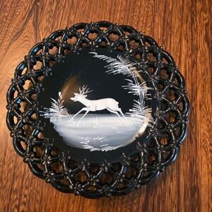 Westmoreland Milk Glass Black hand painted deer Mary Gregory Forget me knot edge